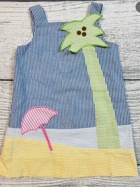 Florence Eiseman Blue Stripe Seersucker Beach Palm Appliqué Dress